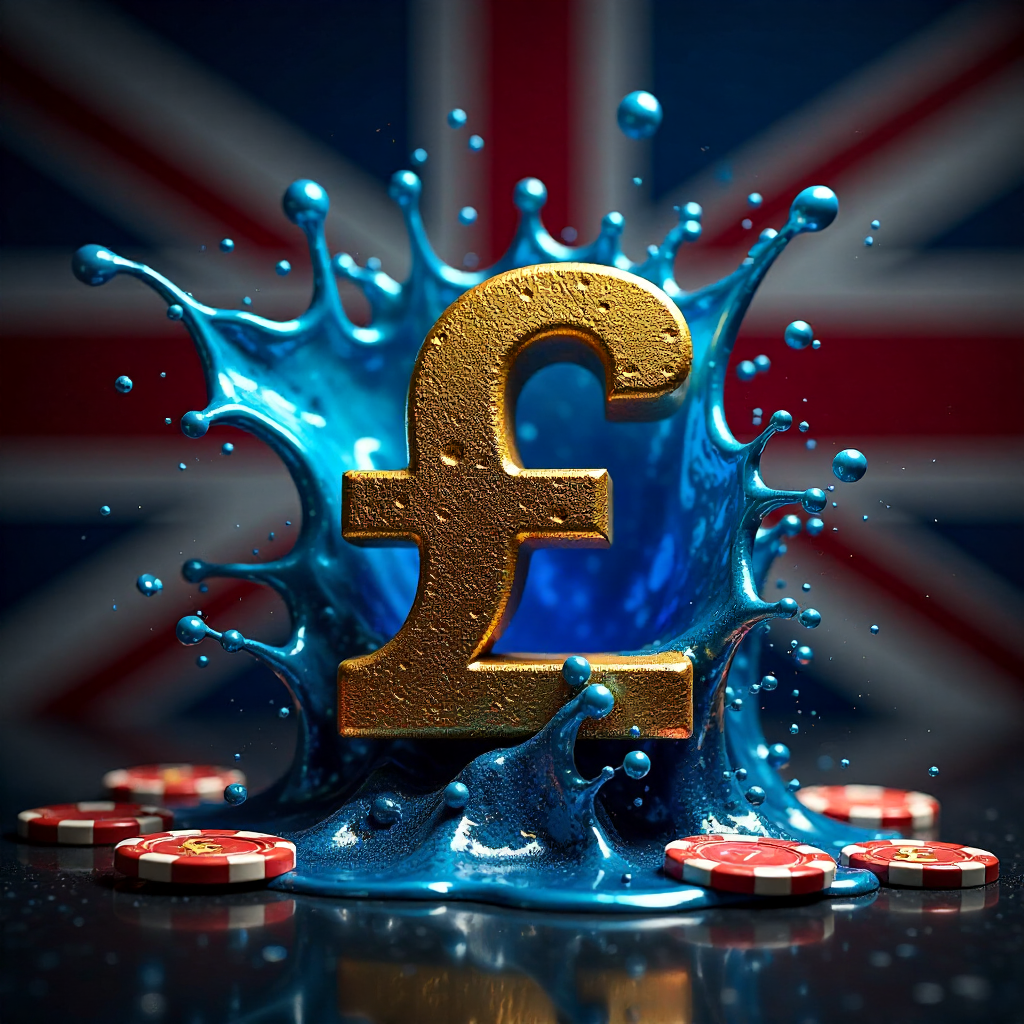 Dynamic liquid metal explosion in royal blue and gold, swirling 3D golden British Pound symbols and casino chips, subtle Union Jack patterns made of light in the background, dark charcoal reflective surface, high-tech financial gambling art, sharp focus,